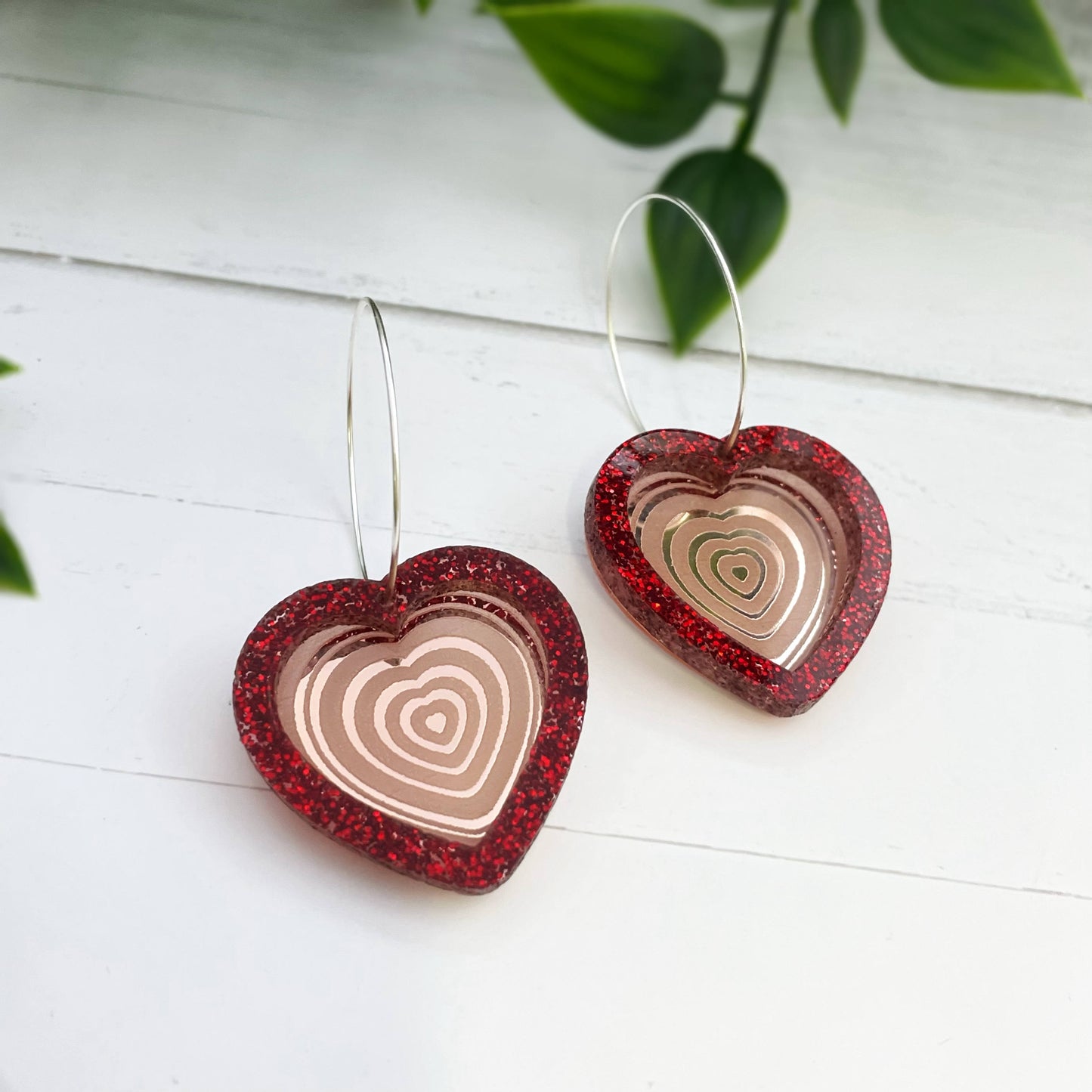 Red Glitter Double Heart Earrings
