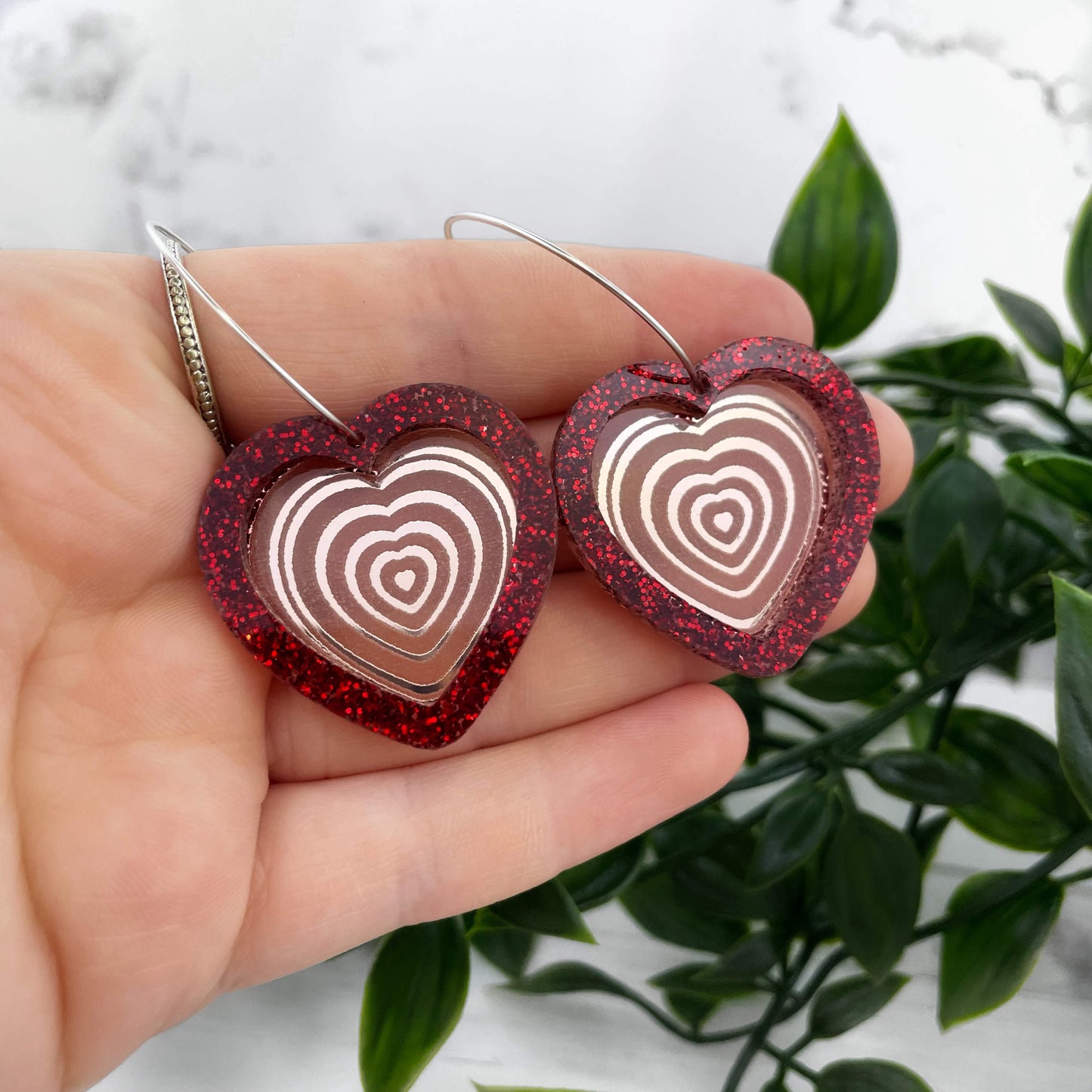 Red Glitter Double Heart Earrings