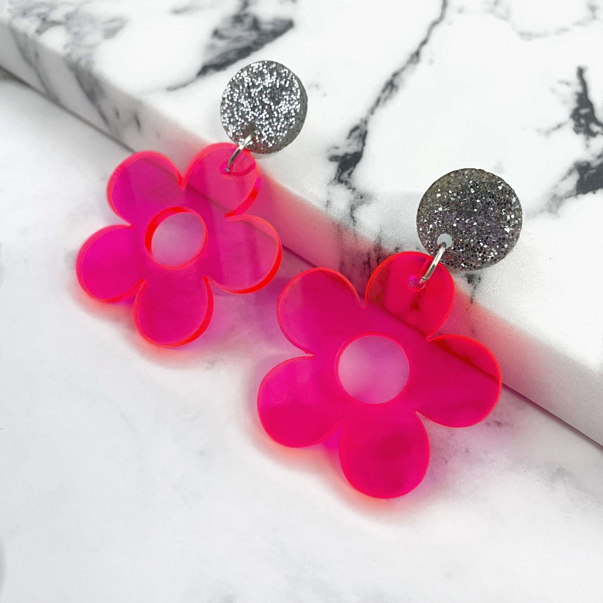 Neon Pink Daisy Earrings - Lost Minds Clothing