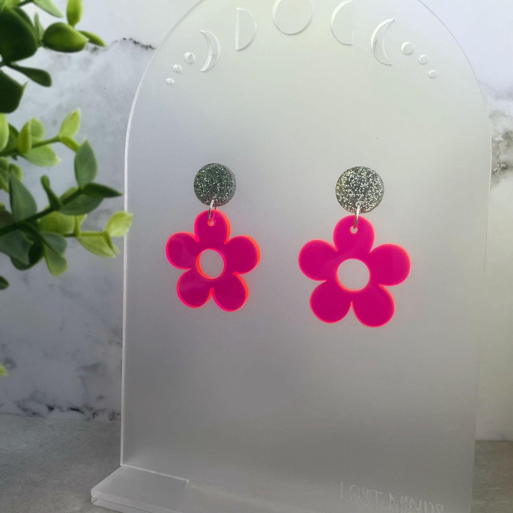 Neon Pink Daisy Earrings - Lost Minds Clothing