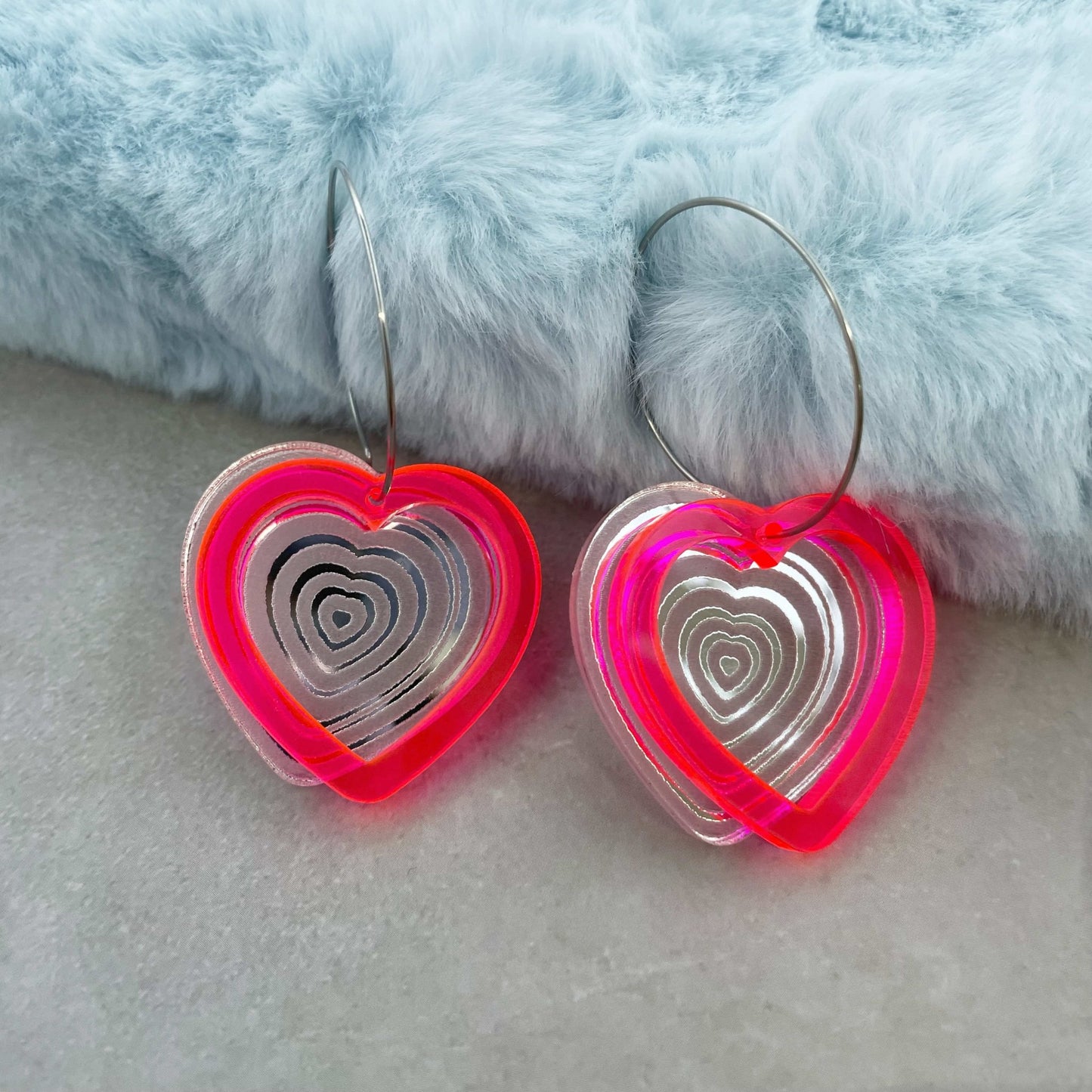 Neon Pink Double Heart Hoop Earrings - Lost Minds Clothing