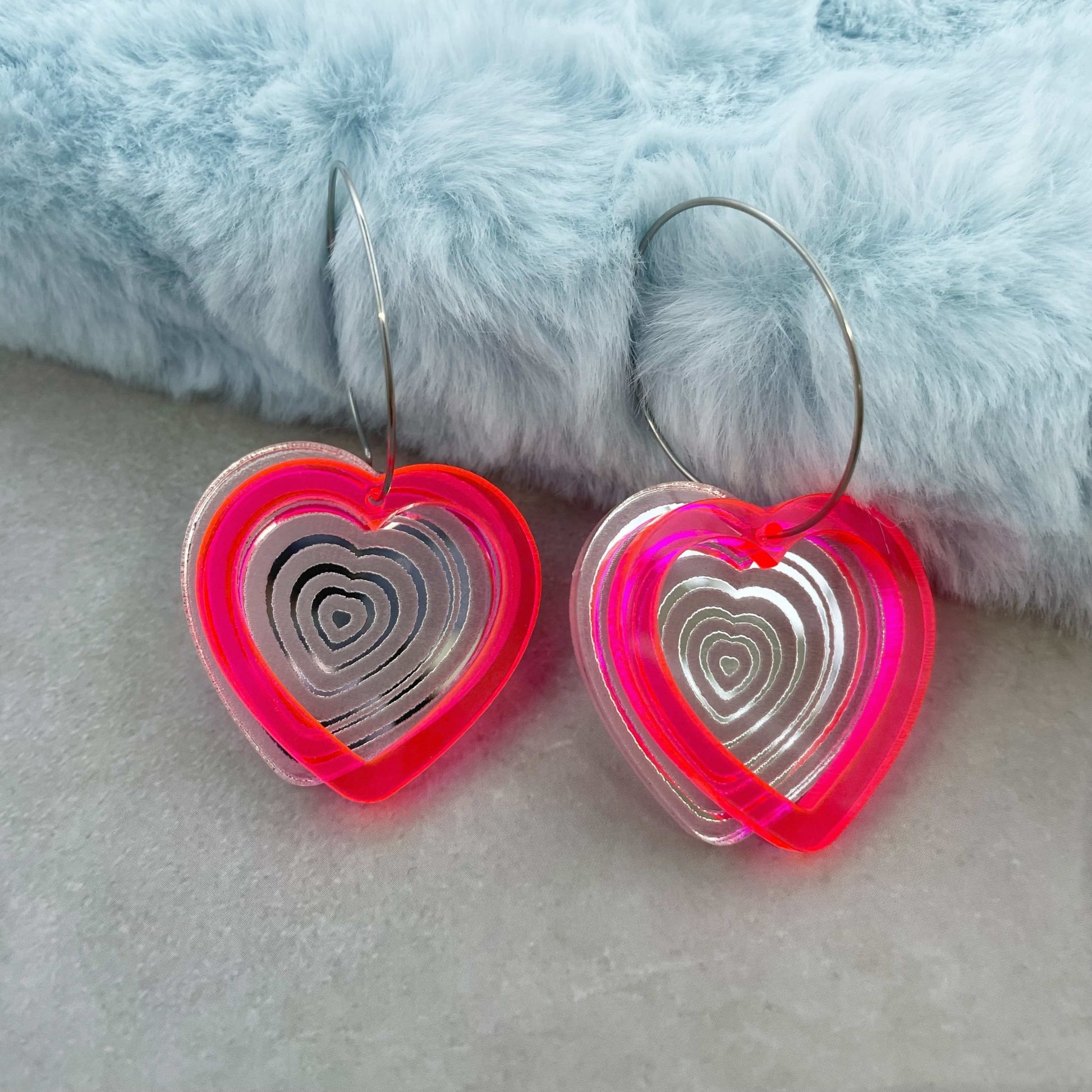 Neon Pink Double Heart Hoop Earrings - Lost Minds Clothing