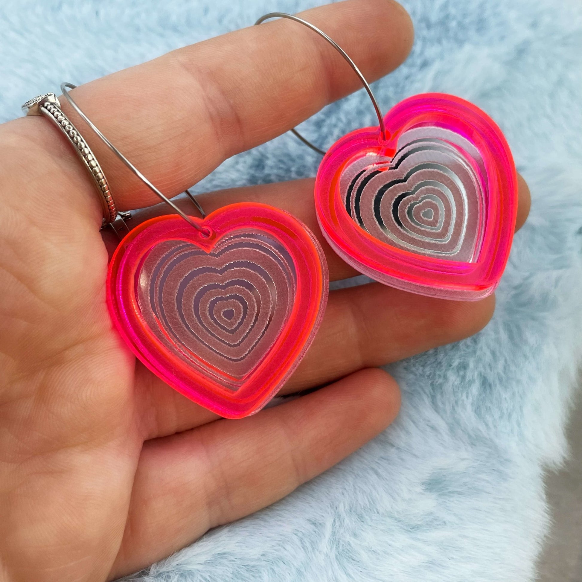 Neon Pink Double Heart Hoop Earrings - Lost Minds Clothing