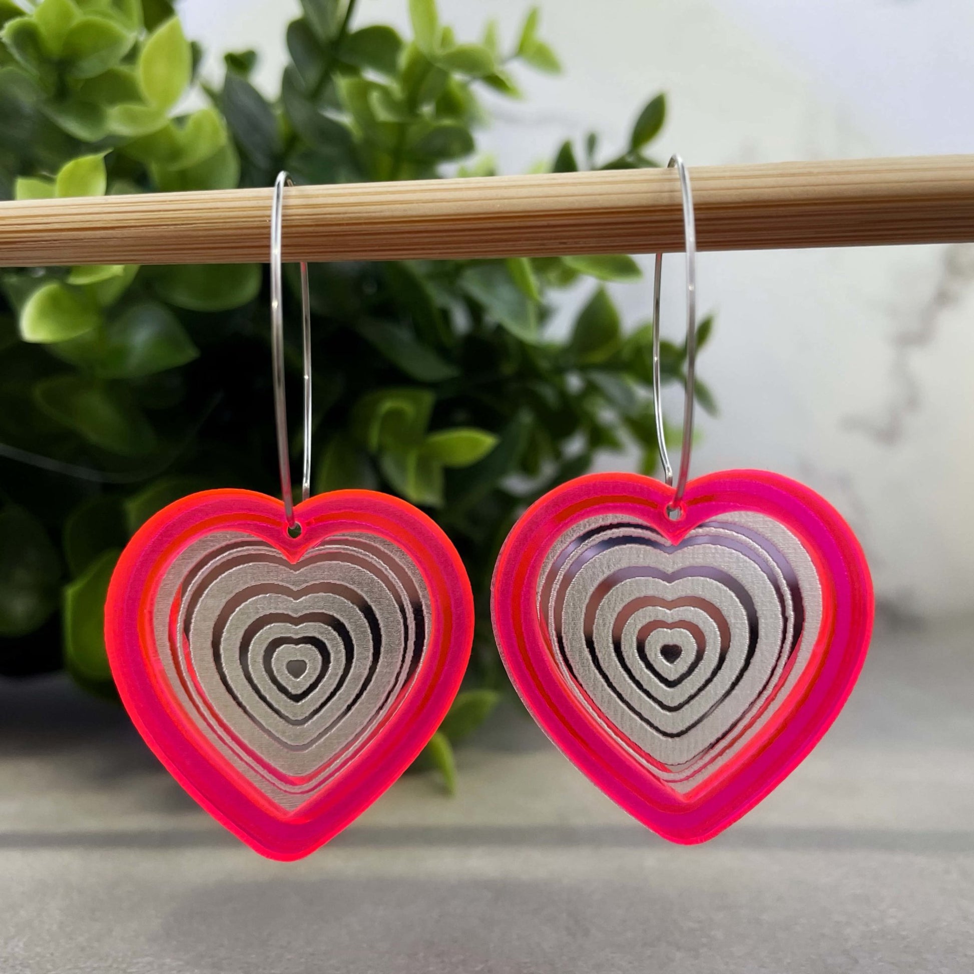 Neon Pink Double Heart Hoop Earrings - Lost Minds Clothing