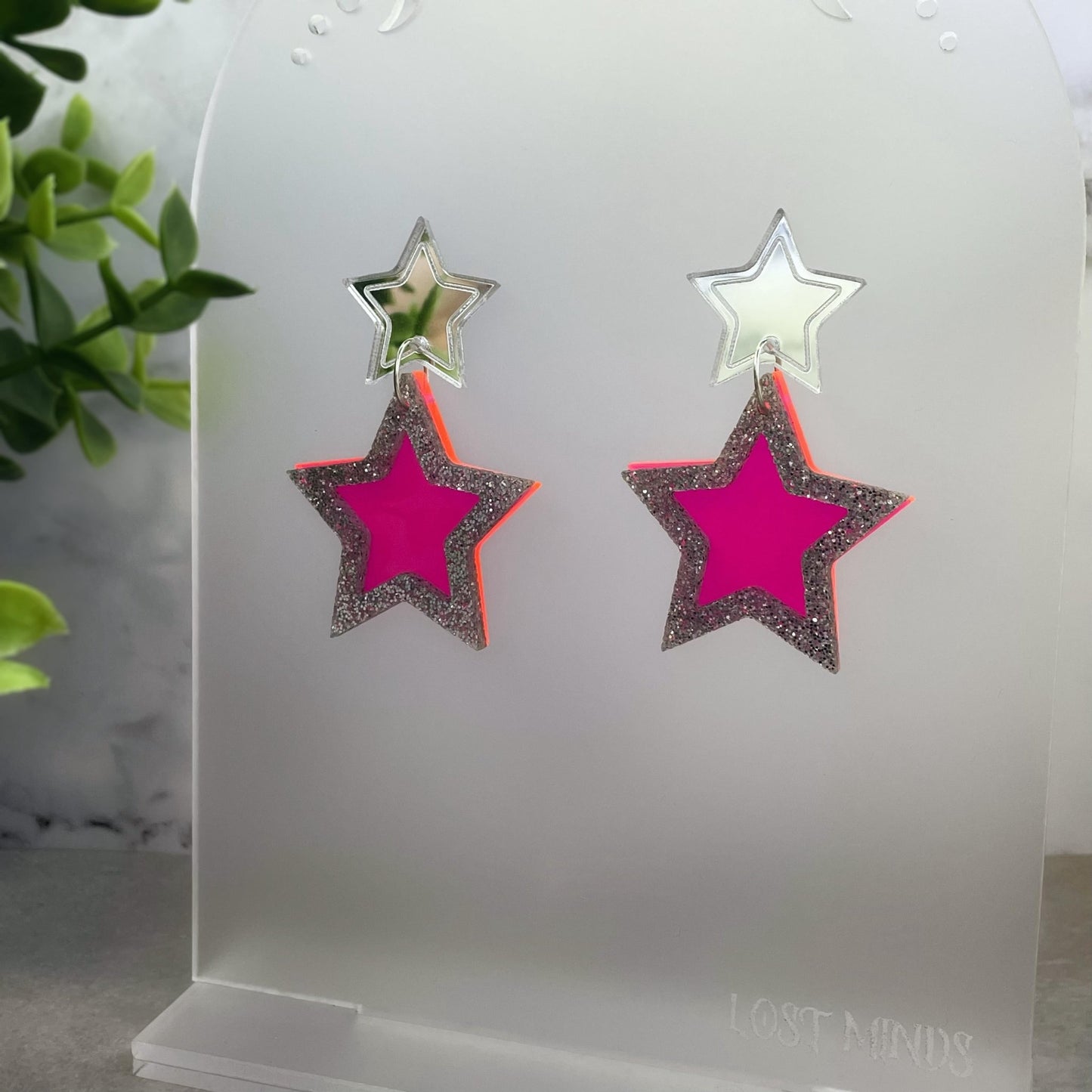 Neon Pink Double Star Earrings - Lost Minds Clothing