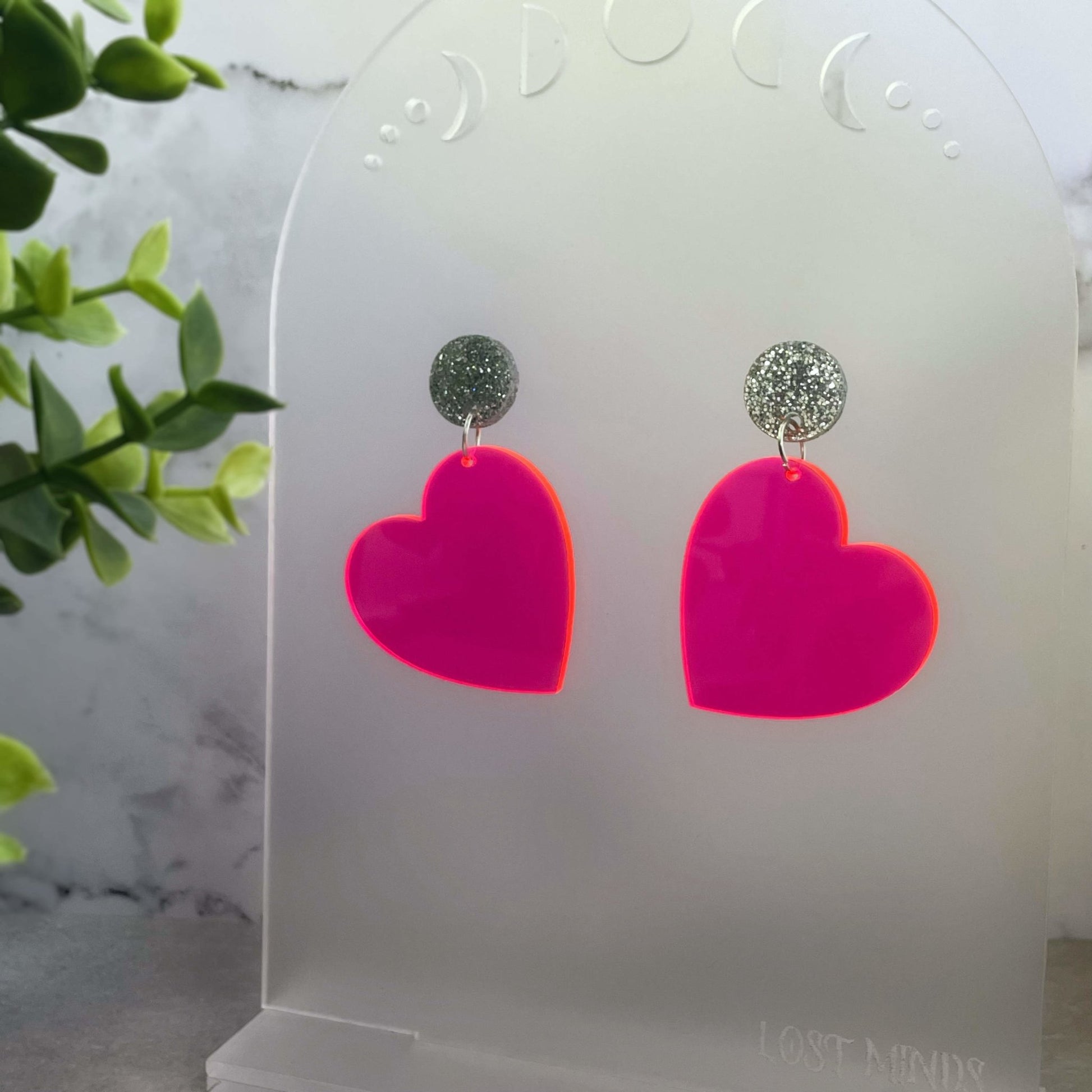 Neon Pink Heart Earrings - Lost Minds Clothing