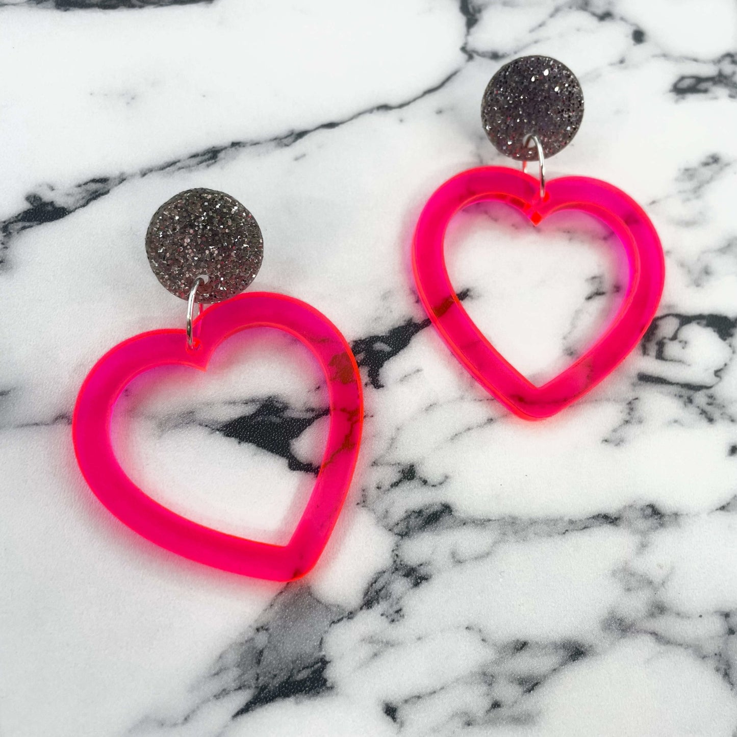 Neon Pink Open Heart Earrings - Lost Minds Clothing