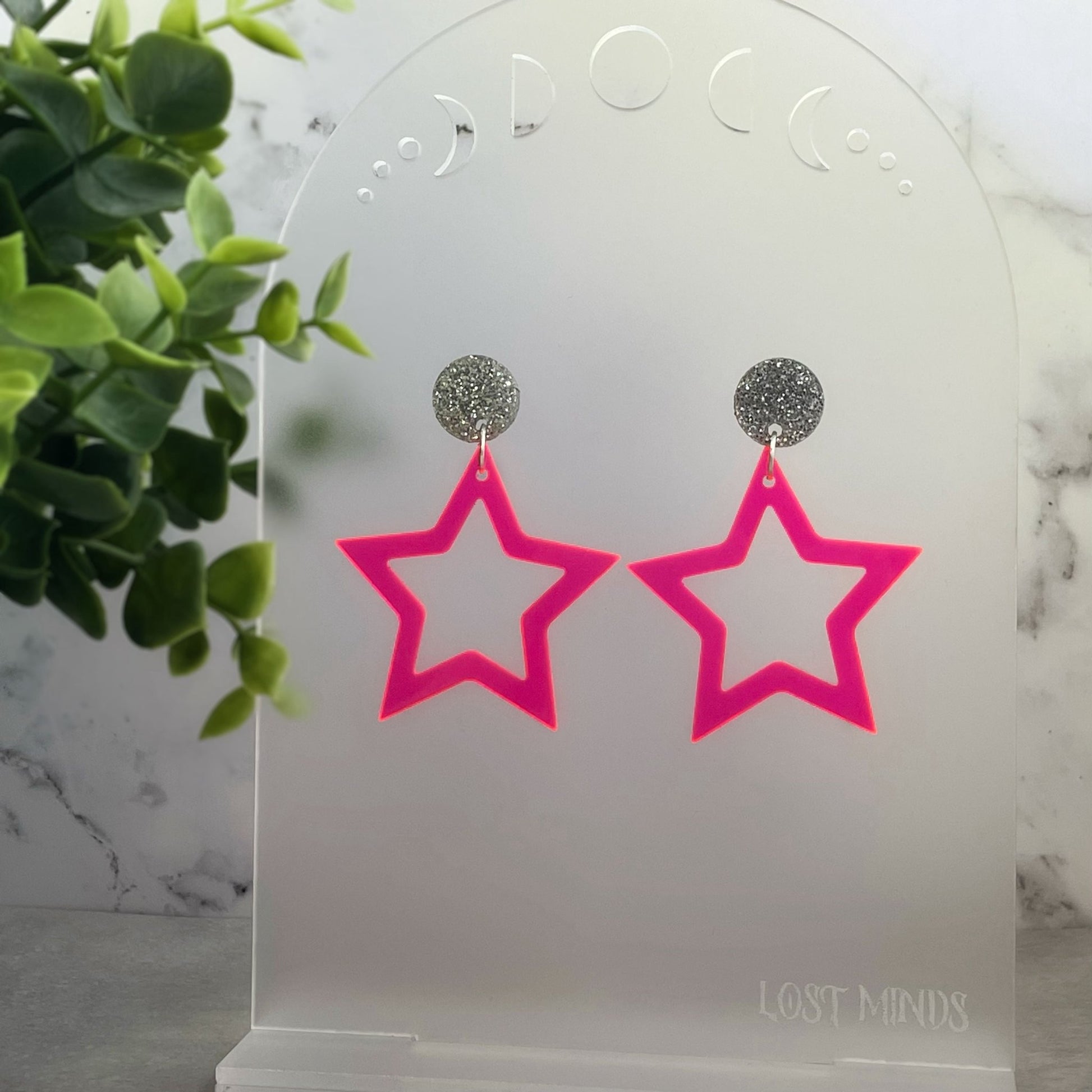 Neon Pink Open Stars Earrings - Lost Minds Clothing