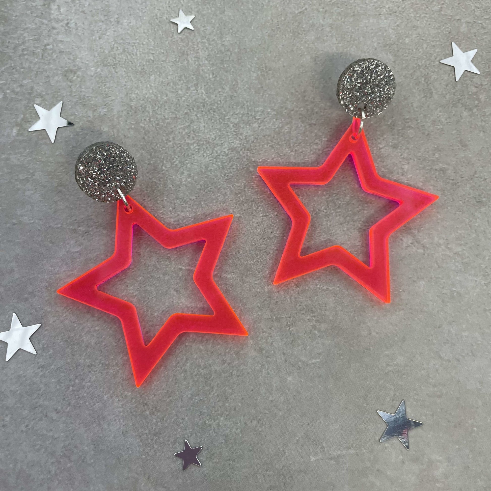 Neon Pink Open Stars Earrings - Lost Minds Clothing