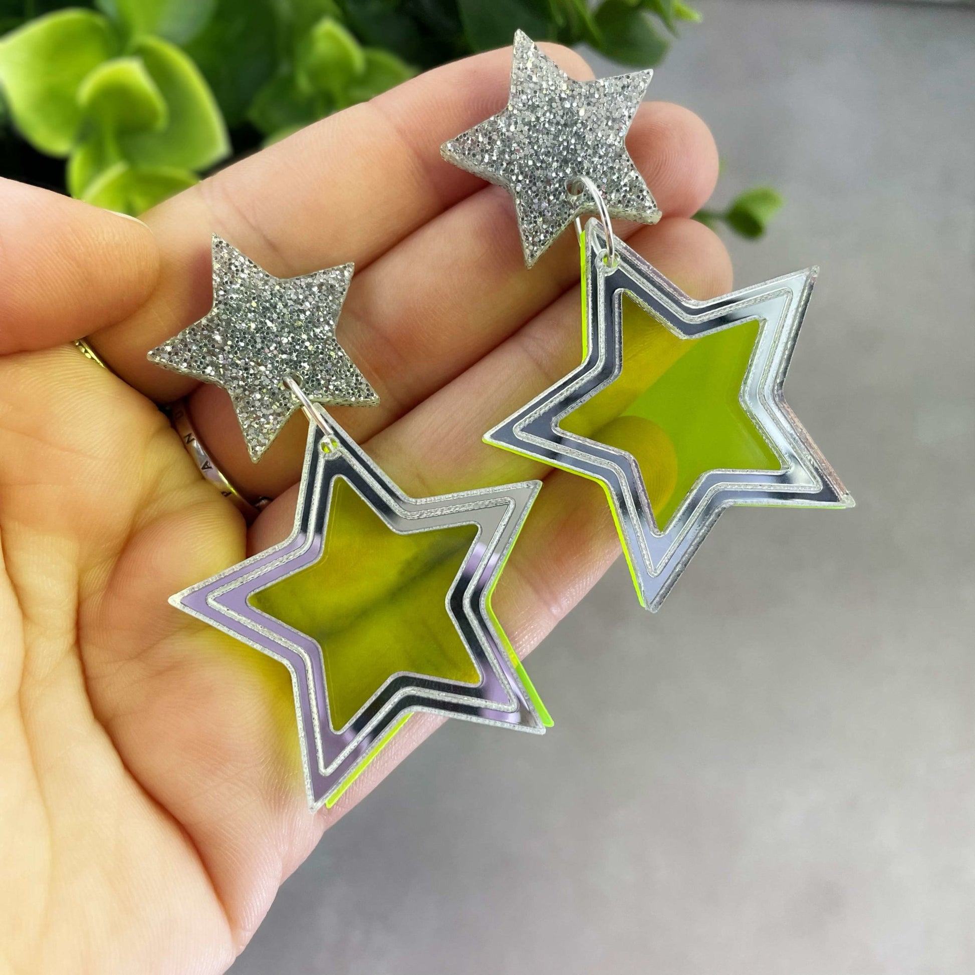 Neon Yellow Double Star Earrings - Lost Minds Clothing