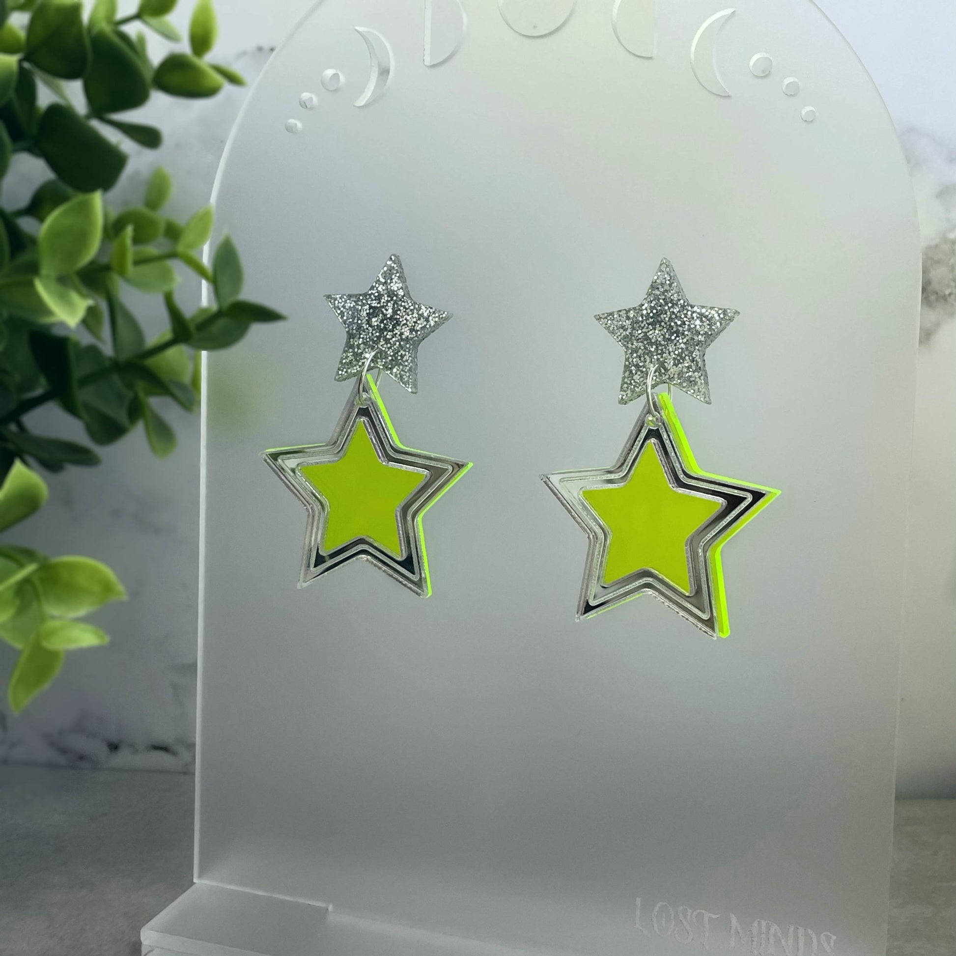 Neon Yellow Double Star Earrings - Lost Minds Clothing