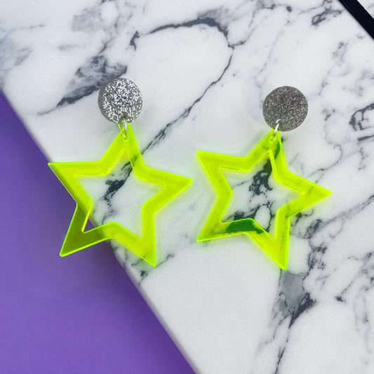 Neon Yellow Open Stars Earrings - Lost Minds Clothing