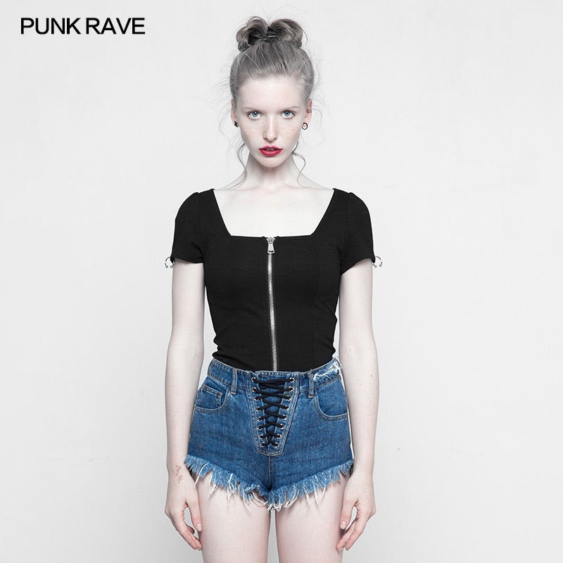 Punk Rave Square Collar Knit Zip Up Top - Lost Minds Clothing