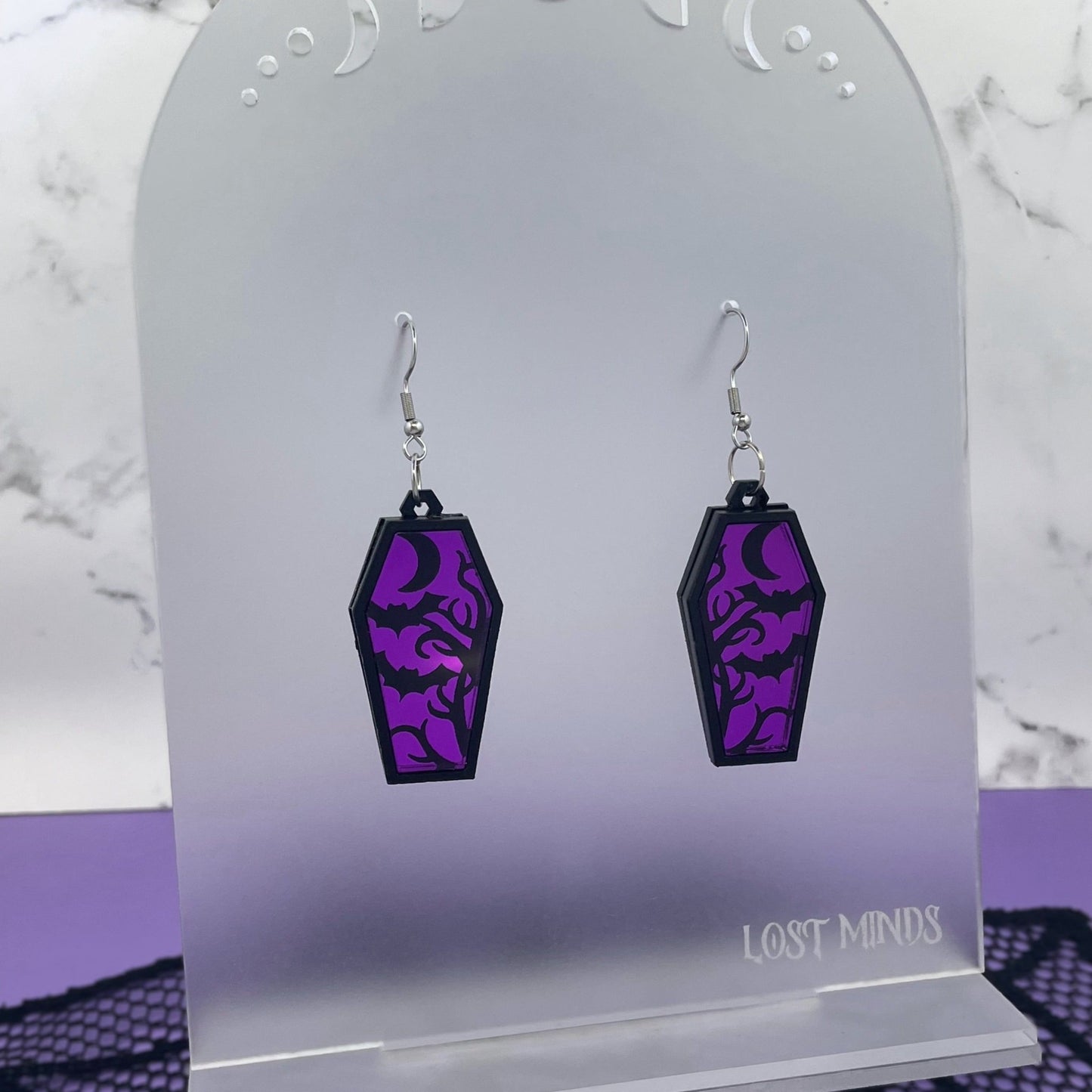 Purple Bat Coffin Earrings - Lost Minds Clothing