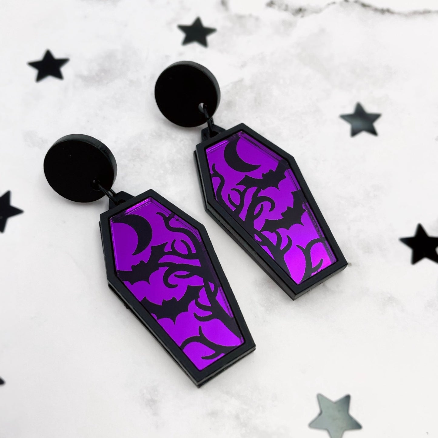 Purple Bat Coffin Earrings - Lost Minds Clothing