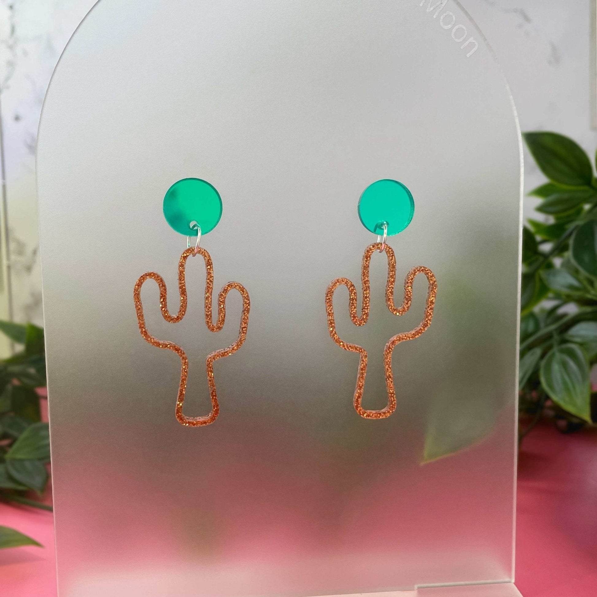 Rose Gold Glitter Cactus Earrings - Lost Minds Clothing