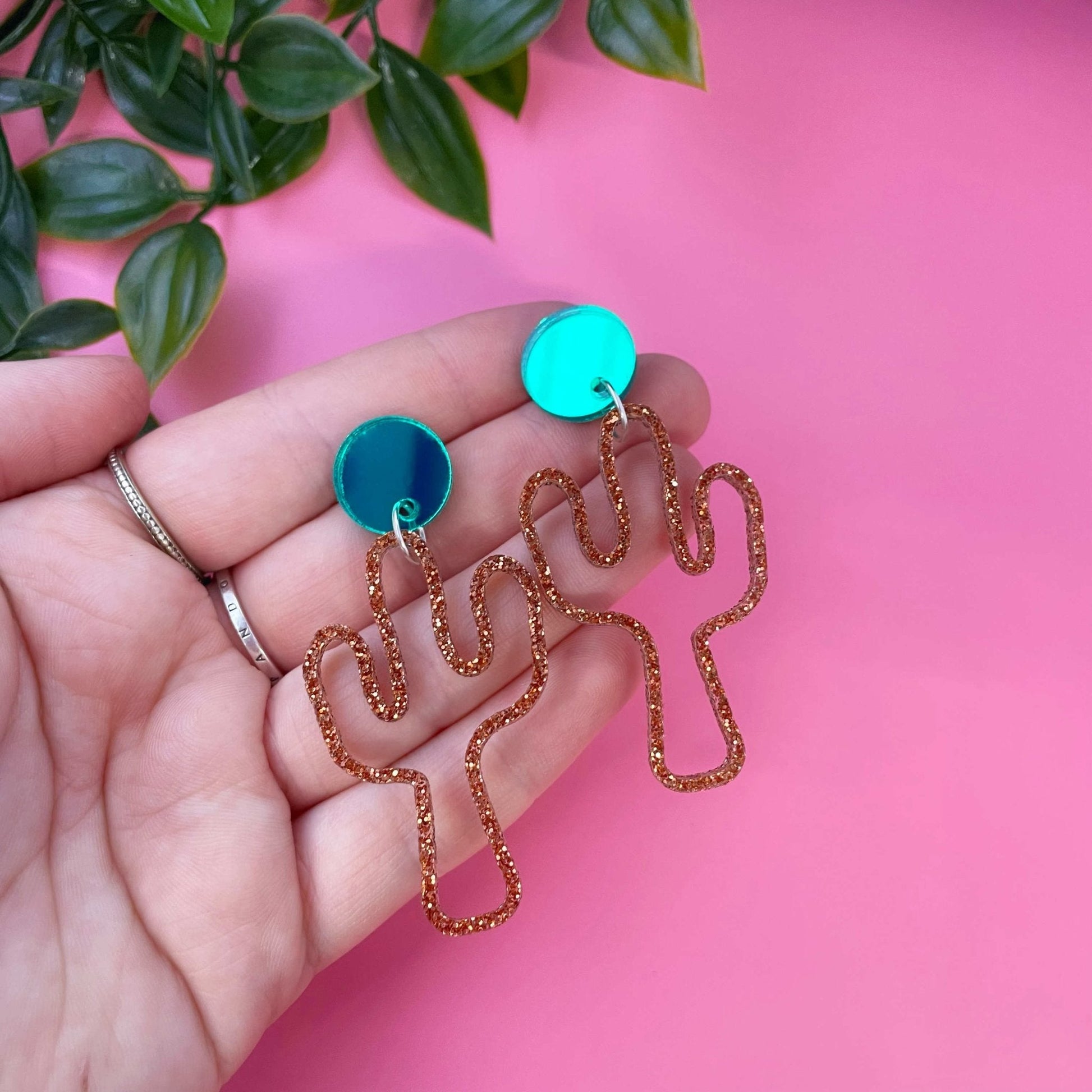Rose Gold Glitter Cactus Earrings - Lost Minds Clothing
