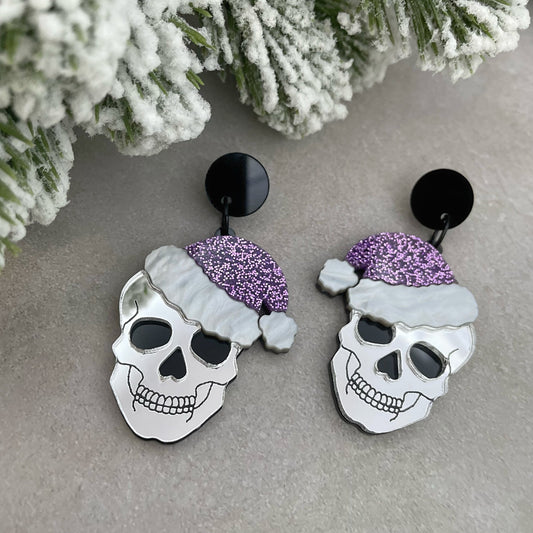 Santa Skull Earrings - Purple Glitter - Lost Minds Clothing