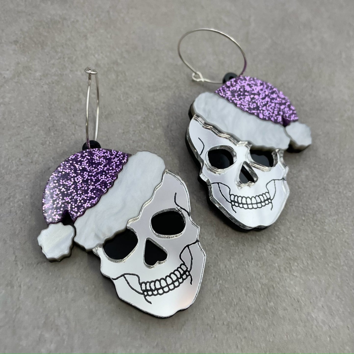 Santa Skull Earrings - Purple Glitter - Lost Minds Clothing