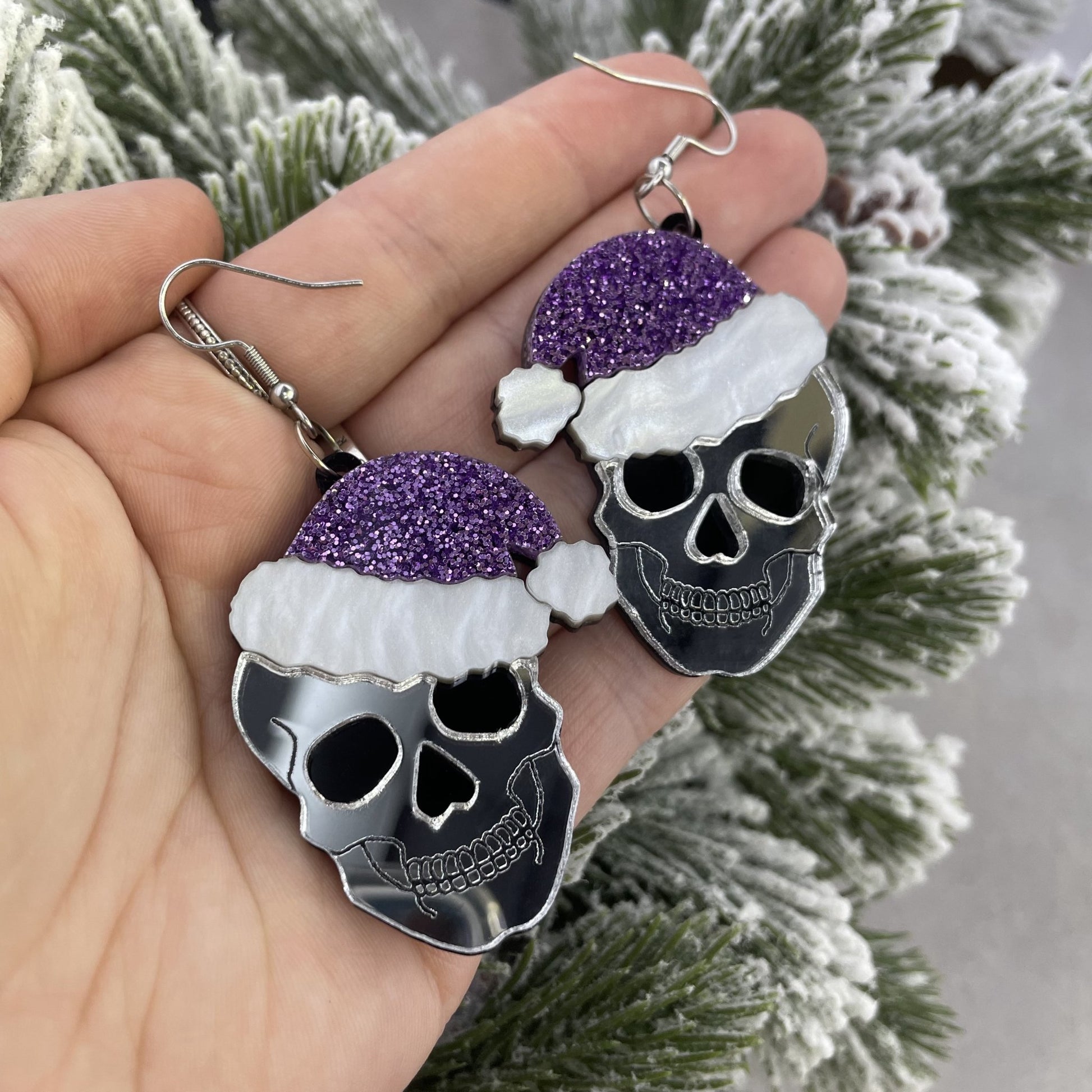 Santa Skull Earrings - Purple Glitter - Lost Minds Clothing