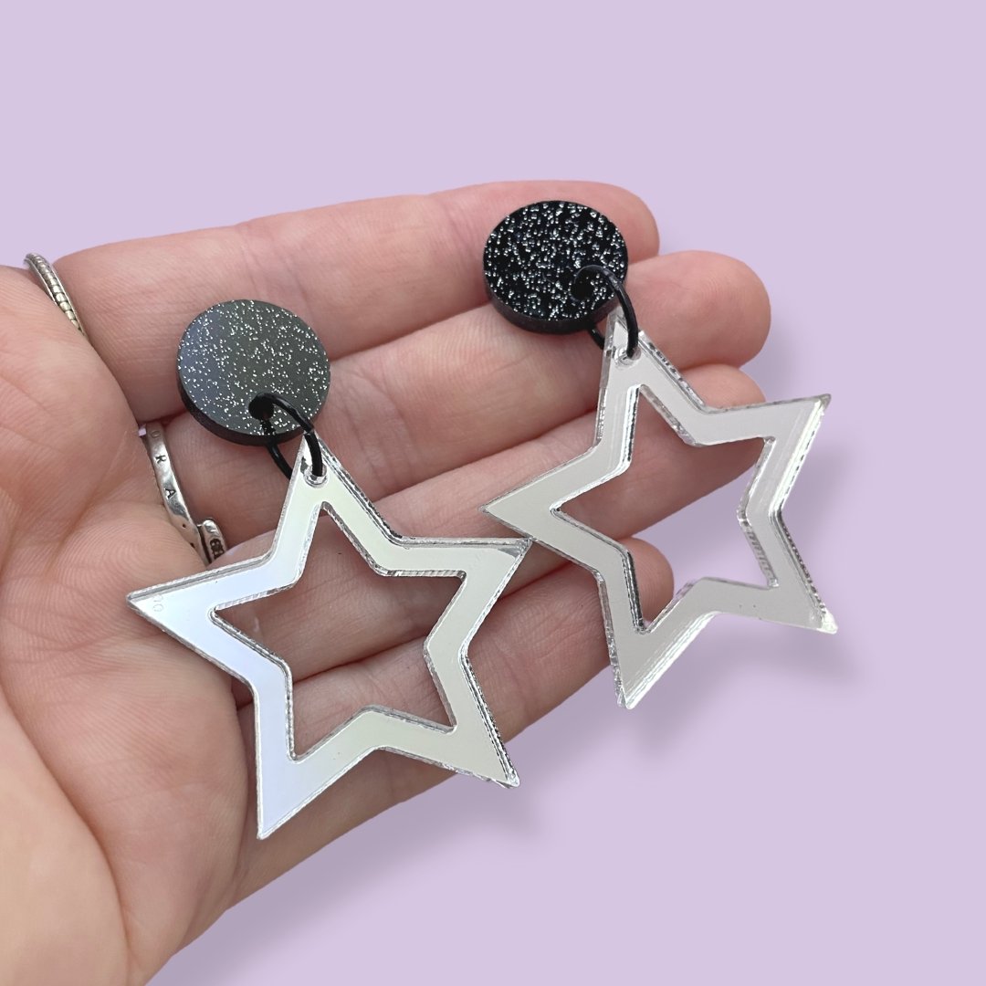 Silver Mirror Open Star Earrings - Lost Minds Clothing